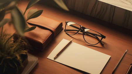 Notebook, pen, glasses and plant on a wooden desk.の素材