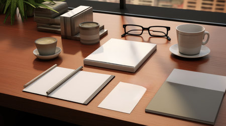 3d rendering of blank stationery set on wooden table in officeの素材