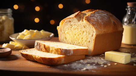 Sliced bread and butter on wooden board against blurred lights, closeupの素材