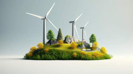 Wind turbines in a green field. Renewable energy concept. 3D renderingの素材