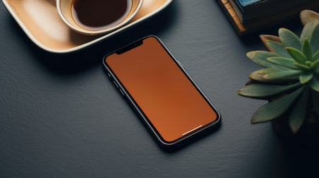 Smartphone with blank screen and coffee on black table, top viewの素材