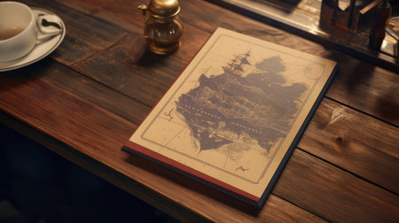 Vintage map on a wooden table with cup of coffee in cafeの素材