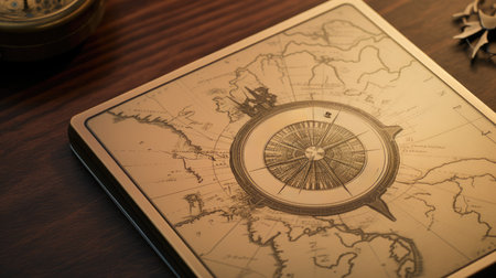 Old map and compass on wooden background. Vintage style. Selective focus.の素材