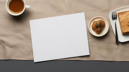 Mockup of a business card, a cup of coffee and a cake on a napkinの素材