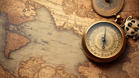 Vintage compass on old world map. Retro style toned imageの素材