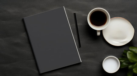 Design concept - top view of black notebook, black cup of coffee and chopsticks on black table for mockupの素材