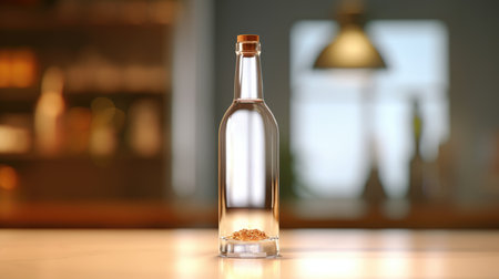 Bottle of vodka on table in bar, closeup. Space for textの素材