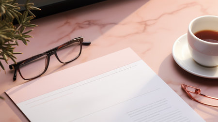 Coffee cup, glasses and notebook on a pink background.の素材