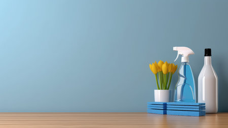Plastic bottles with detergent and yellow tulips on the wooden table. 3d renderingの素材