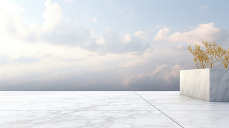 3d rendering of a white marble floor with tree in the foregroundの素材