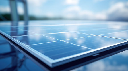 solar panels on blue sky background 3d rendering image. photovoltaic modules for renewable electric production.の素材