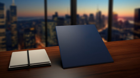 Blank book on the table with city background. 3d renderingの素材