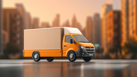 3d rendering of an orange van on the road with cityscape backgroundの素材