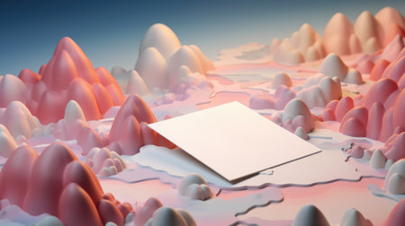 3d rendering of a fantasy landscape with a blank sheet of paperの素材