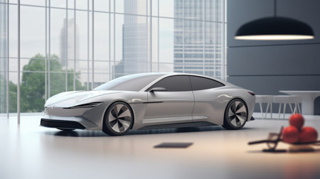 3D rendering of a brand-less generic concept car in the officeの素材
