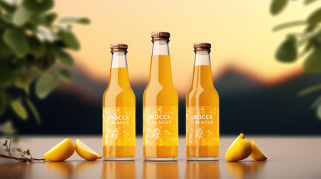 Lemon juice bottle mockup. 3d illustration. Horizontal banner.の素材