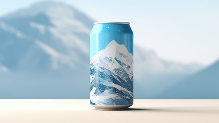 Aluminum can mockup with snowy mountains on background. 3D renderingの素材