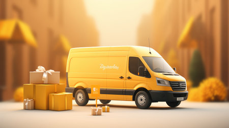 3d rendering of a yellow delivery van with parcels on the streetの素材