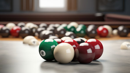 Billiard balls on billiard table. 3d render illustration.の素材