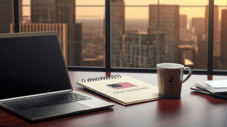 Laptop, coffee cup and notebook on wooden table with city view backgroundの素材