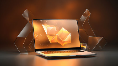 Laptop with glowing ethereum symbol on screen, 3d renderingの素材