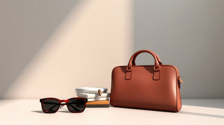 3d illustration of brown leather bag, sunglasses and books on the floorの素材