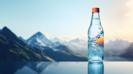 Bottle of water with orange in the foreground. 3d renderingの素材