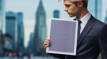 businessman holding blank paper with cityscape on background, mockupの素材