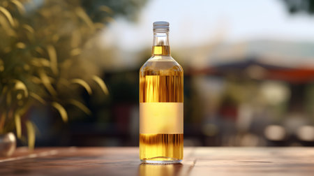 Bottle of tasty olive oil on table in cafe, closeupの素材