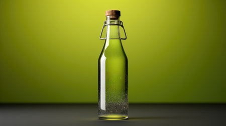 Glass bottle with water on a green background. 3d illustration.の素材