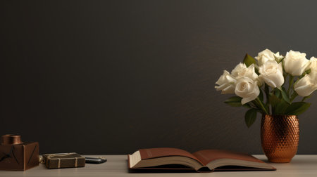 Still life with a bouquet of white roses in a vase, an open book and a gift box on a dark backgroundの素材