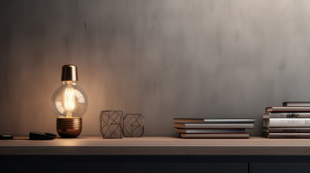 Close up of books, lamp and other items on wooden table. Mock up, 3D Renderingの素材