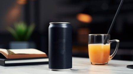 Coffee can on the table with book and orange juice.の素材