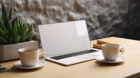 Laptop with blank screen and coffee cup on wooden table. 3d rendering.の素材