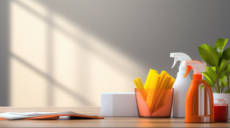 Cleaning products on a wooden table. 3d rendering mock upの素材