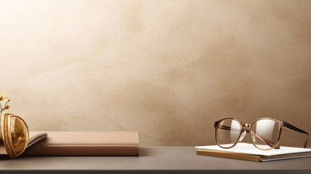 Close up of books, eyeglasses and a bouquet of flowers on a black table with copy space.の素材