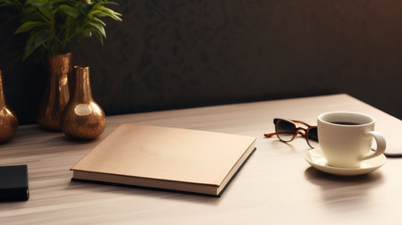 Cup of coffee, notebook and glasses on a wooden desk.の素材