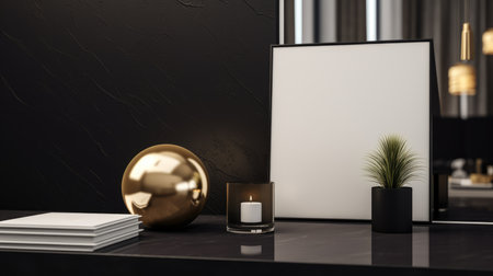Mock up poster frame on the black table in modern living room, 3d renderの素材