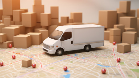 Delivery truck with boxes on the map. 3d illustration. Shallow depth of field.の素材