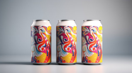 Aluminum cans on grey background. 3D rendering. Mock up.の素材