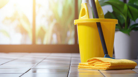 Cleaning service concept. Cleaning the floor with a yellow bucket and mop.の素材