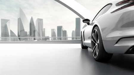Side view of white sports car on the city background. 3d renderingの素材