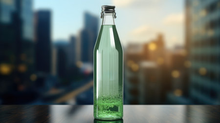 Glass bottle of soda on wooden table with city background. 3d renderingの素材