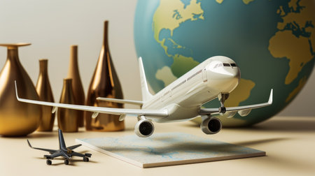 Airplane model on the background of the globe. Travel concept.の素材