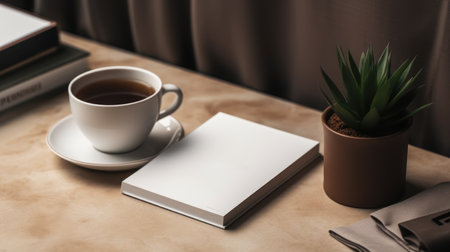 Blank business card, coffee cup and notebook on wooden table in home office.の素材