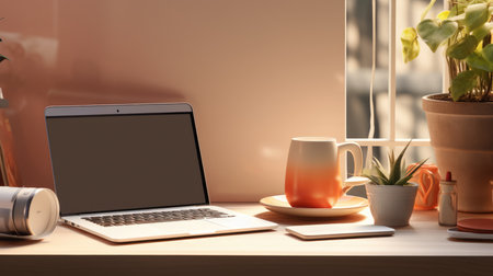 Close up of modern workplace with blank screen laptop, coffee cup and houseplant on wooden tableの素材