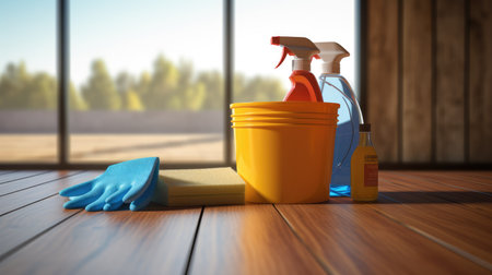 Cleaning products on the wooden floor. 3d render illustration.の素材