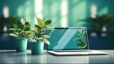Laptop with green plant on table in office. 3d rendering.の素材