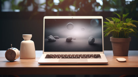 Laptop with blank screen on table in office. Mock up, 3D Renderingの素材