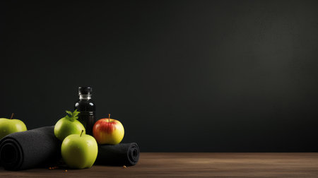 Fitness still life with fresh apples and bottle of water on wooden tableの素材